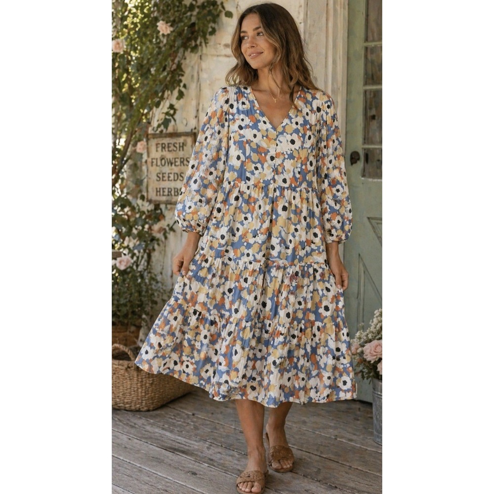 Joie Tiered Floral Fields Peasant Midi Dress Size M Sheer Long Sleeve Cottage